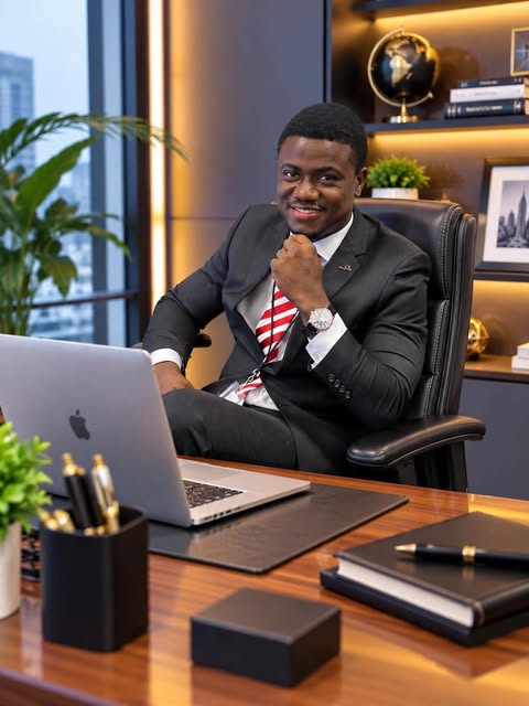 Gabriel W. Nimely seated at his office desk with a laptop